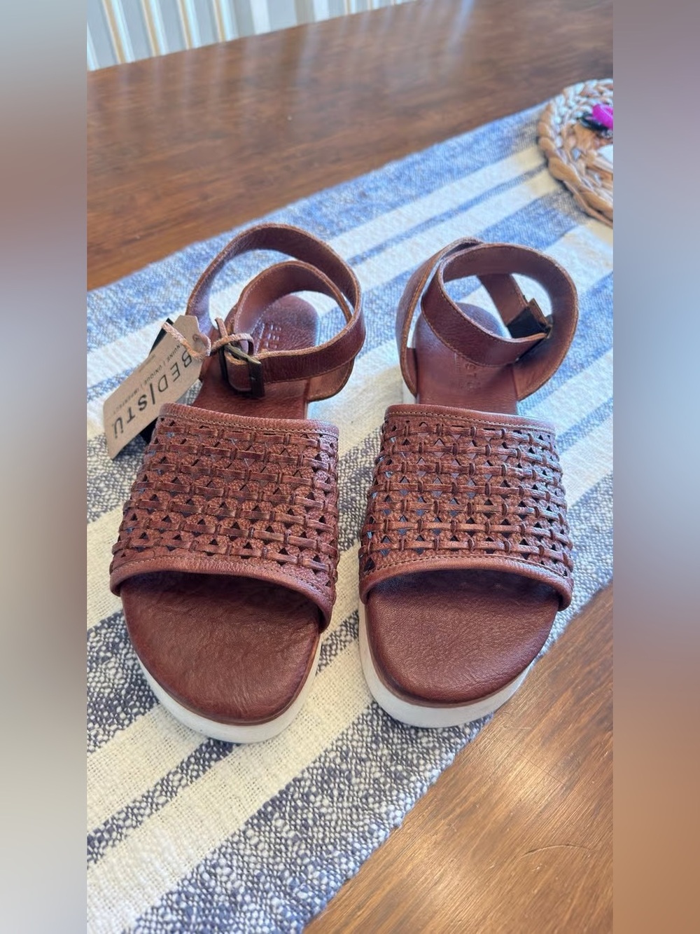 Time and Tru Brown Woven Ankle Strap Sandals
